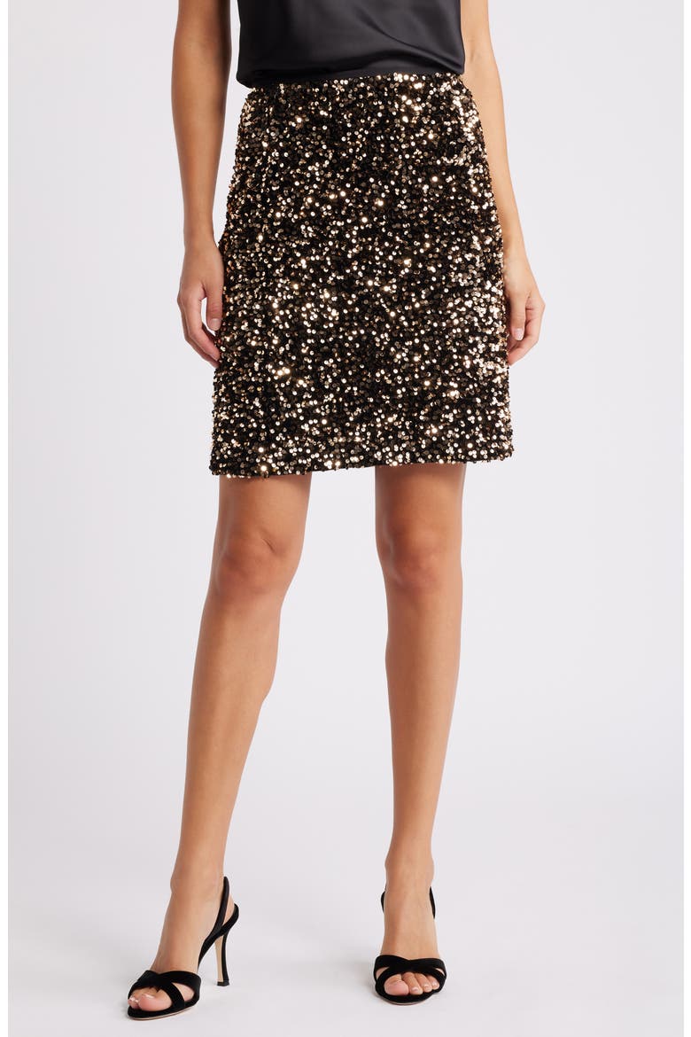Sequin Pencil Miniskirt, Main, color, GOLD BLACK