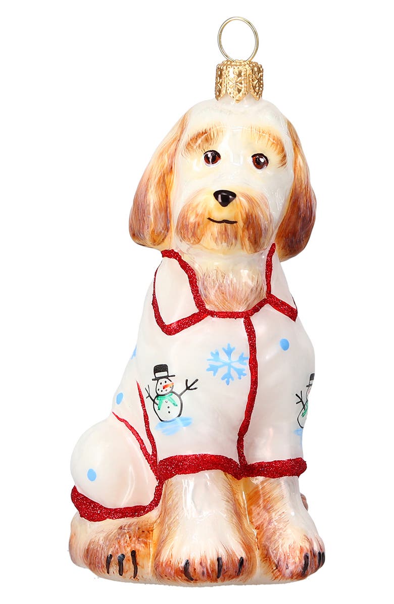 Joy to the World Collectibles Goldendoodle in Christmas Pajamas Glass Ornament, Main, color, Beige Multi