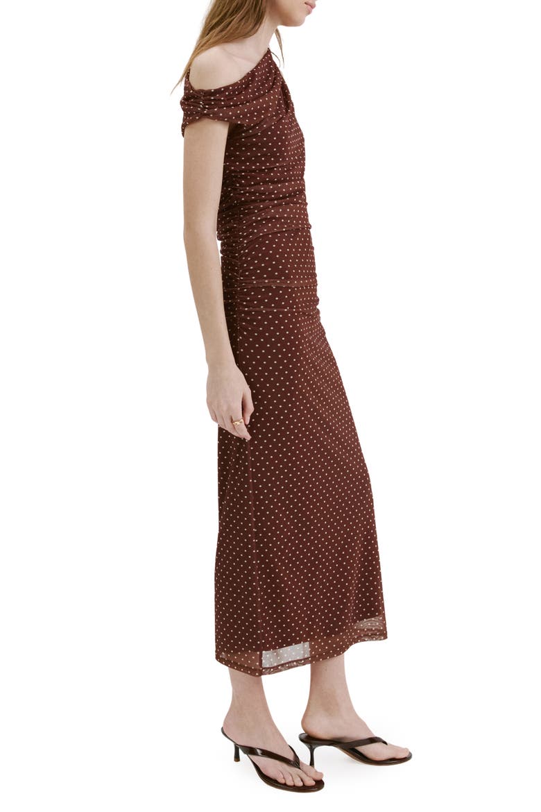 Ruched Dot Midi Dress, Main, color, BROWN
