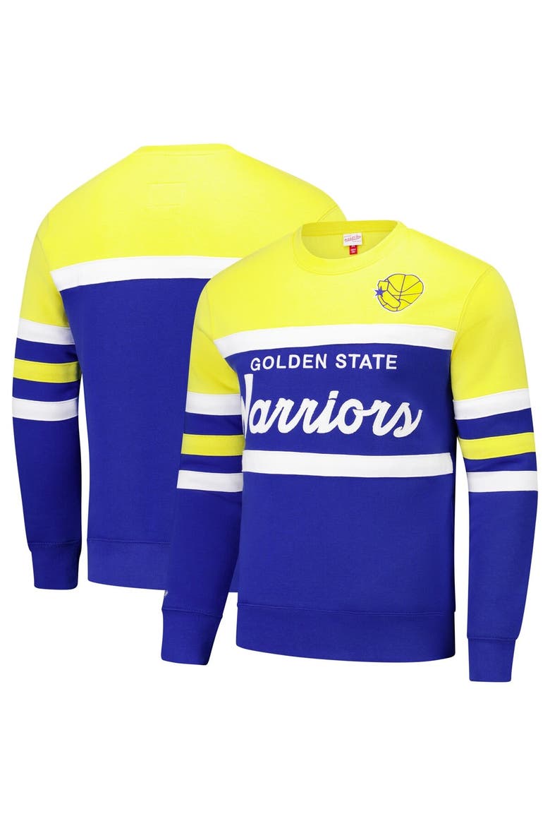 Men's Mitchell & Ness Royal/Gold Golden State Warriors Hardwood Classics Vintage Logo Head Coach Pullover Sweatshirt, Main, color, Royal
