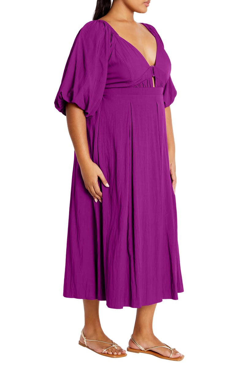 City Chic Shae Keyhole Detail Balloon Sleeve Midi Dress, Alternate, color, Magenta