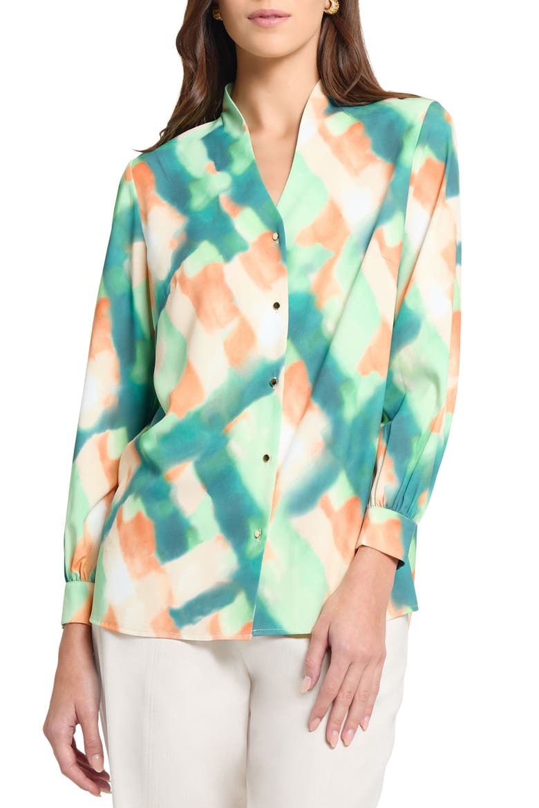 Abstract Print Crêpe de Chine Stand Collar Button-Up Shirt, Main, color, P GREEN/MULT