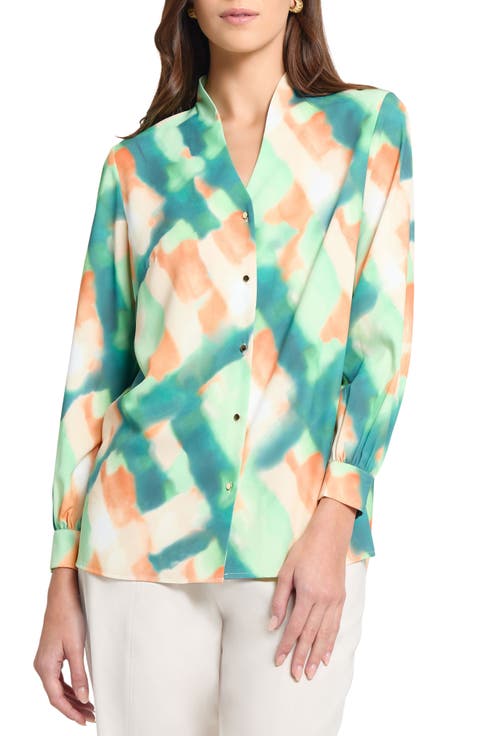 Abstract Print Crêpe de Chine Stand Collar Button-Up Shirt