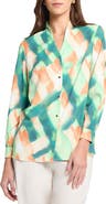Misook Abstract Print Crêpe de Chine Stand Collar Button-Up Shirt