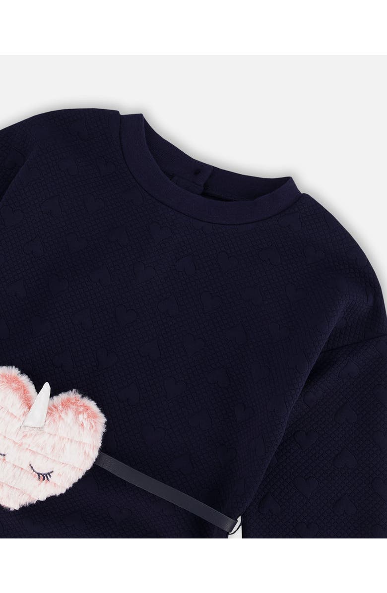 Deux par Deux Little Girl's Quilted Heart Fleece Dress With Belt Navy, Alternate, color, 