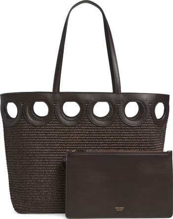 トートバッグ FERRAGAMO Black raffia and leather big shopping bag Ferragamo Black Raffia And Leather Big Shopping Bag