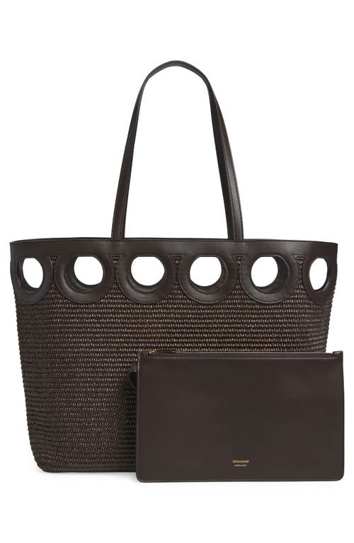 Ferragamo Medium Gancini Frame Perforated Raffia & Leather Tote