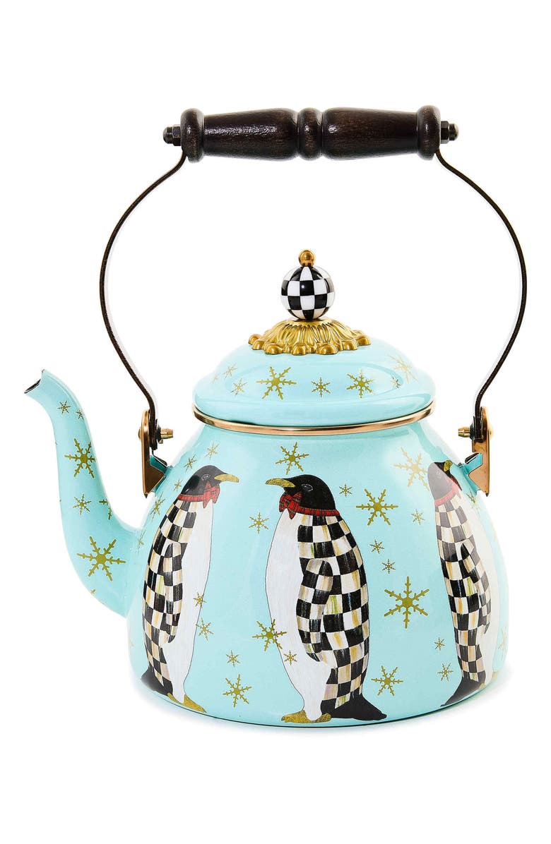 MACKENZIE CHILDS Penguin Parade Enameled Steel 2-Quart Tea Kettle, Main, color, Blue