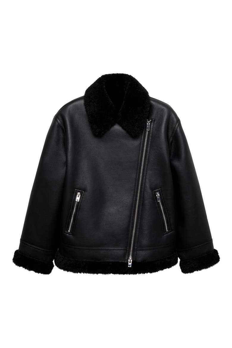 Faux Shearling Moto Jacket, Alternate, color, BLACK