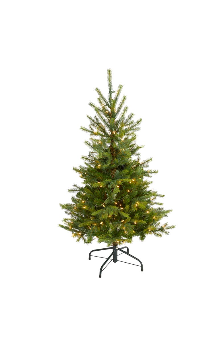 NEARLY NATURAL 4-ft North Carolina Spruce Artificial Christmas Tree with 100 Clear Lights and 207 Bendable Branches, Main, color, Green