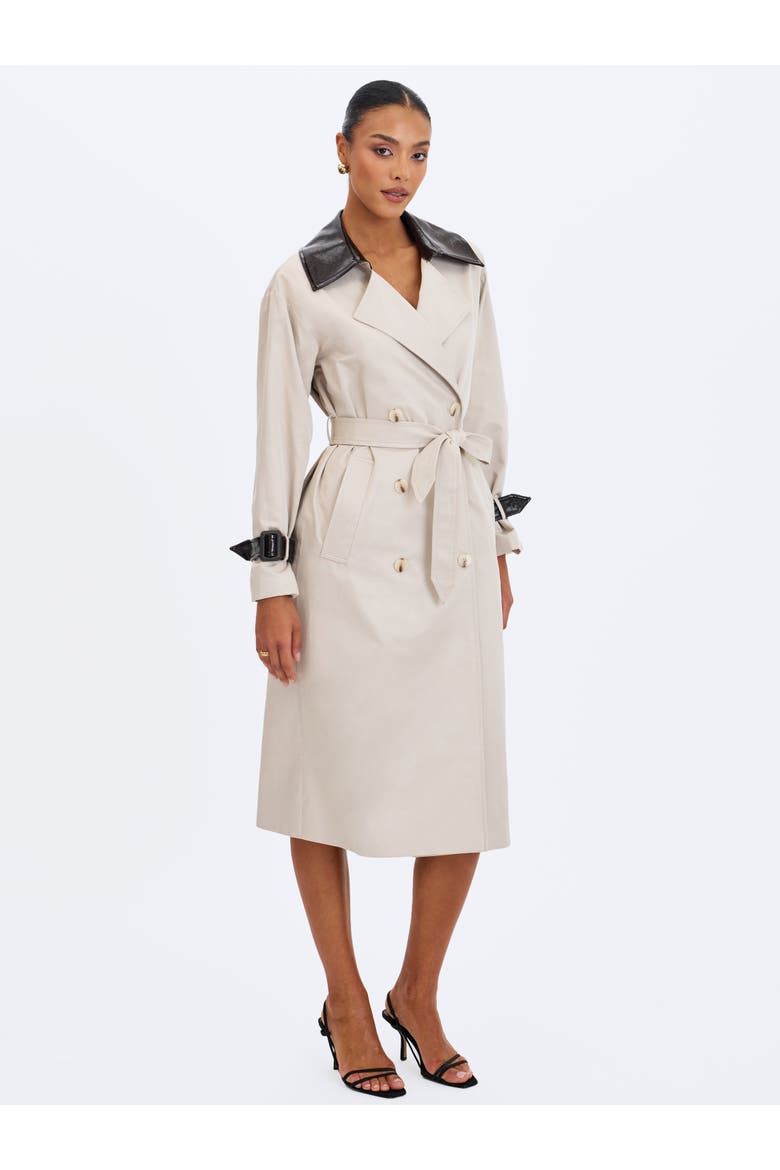 Umber Double-Breasted Faux Leather Lapel Trench Coat, Alternate, color, Beige