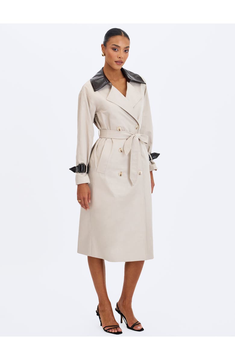 Miss Circle Umber Double-Breasted Faux Leather Lapel Trench Coat, Alternate, color, Beige