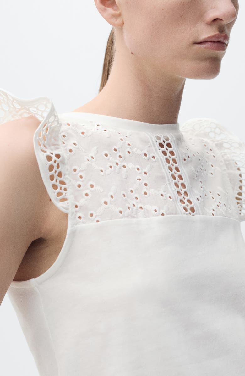 MANGO Embroidered Eyelet Accent Cotton Top, Alternate, color, White