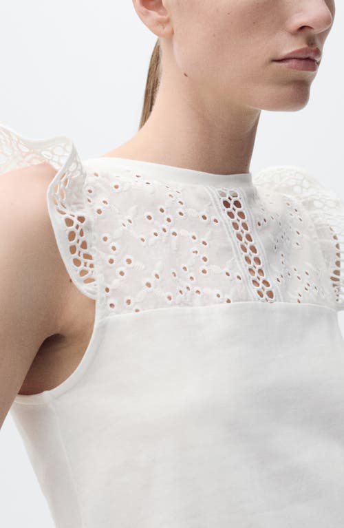 Mango Embroidered Eyelet Accent Cotton Top In White