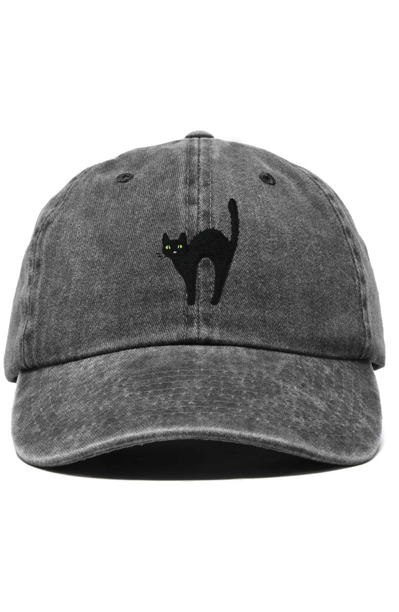 Dalix Black Cat Embroidered Casual Hat, Main, color, Washed Black
