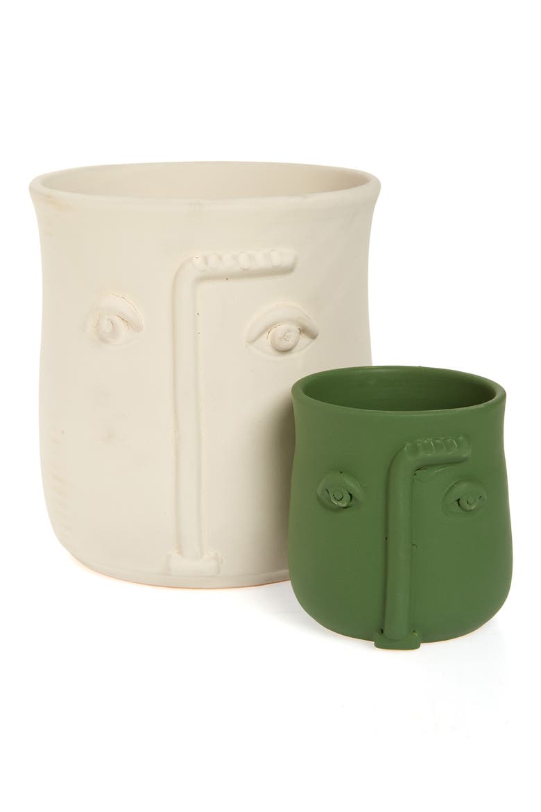 Set of 2 Face Terra Cotta Plant Pots, Main, color, GREEN/ WHITE
