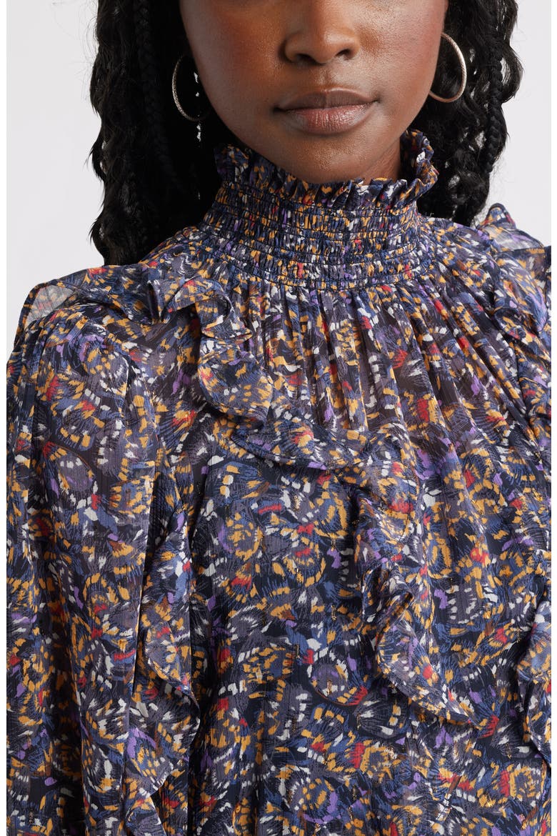 Metallic Mock Neck Long Sleeve Chiffon Minidress, Alternate, color, NAVY BUTTERFLY ABSTRACT