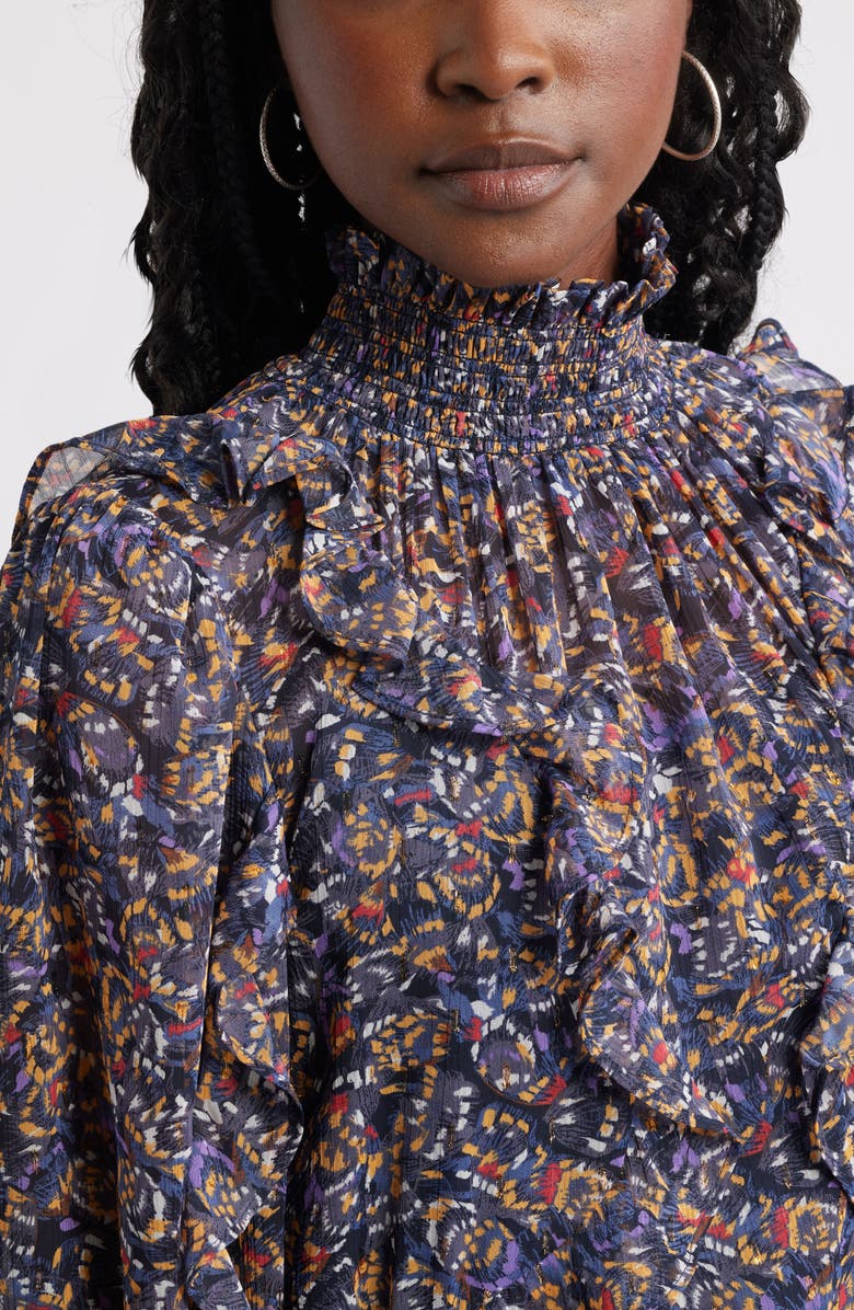 Treasure & Bond Metallic Mock Neck Long Sleeve Chiffon Minidress, Alternate, color, Navy Butterfly Abstract