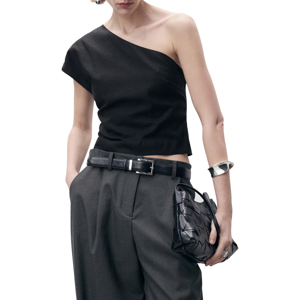 Mango Bari One-shoulder Linen Blend Top In Black