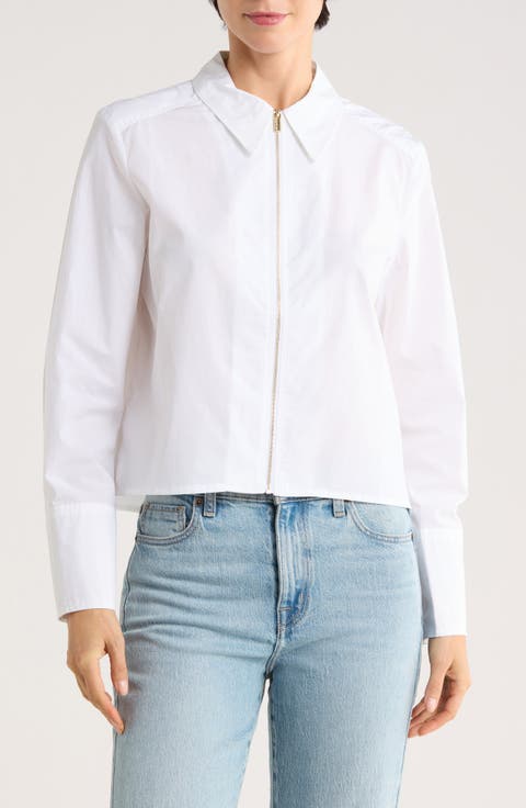 Long Sleeve Zip Front Crop Poplin Shirt