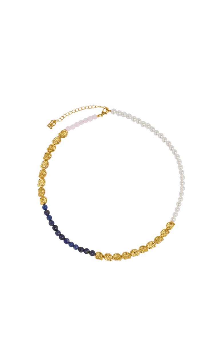 Ottoman Hands Waterproof Lapis and Pink Jade Beaded Necklace, Main, color, Gold