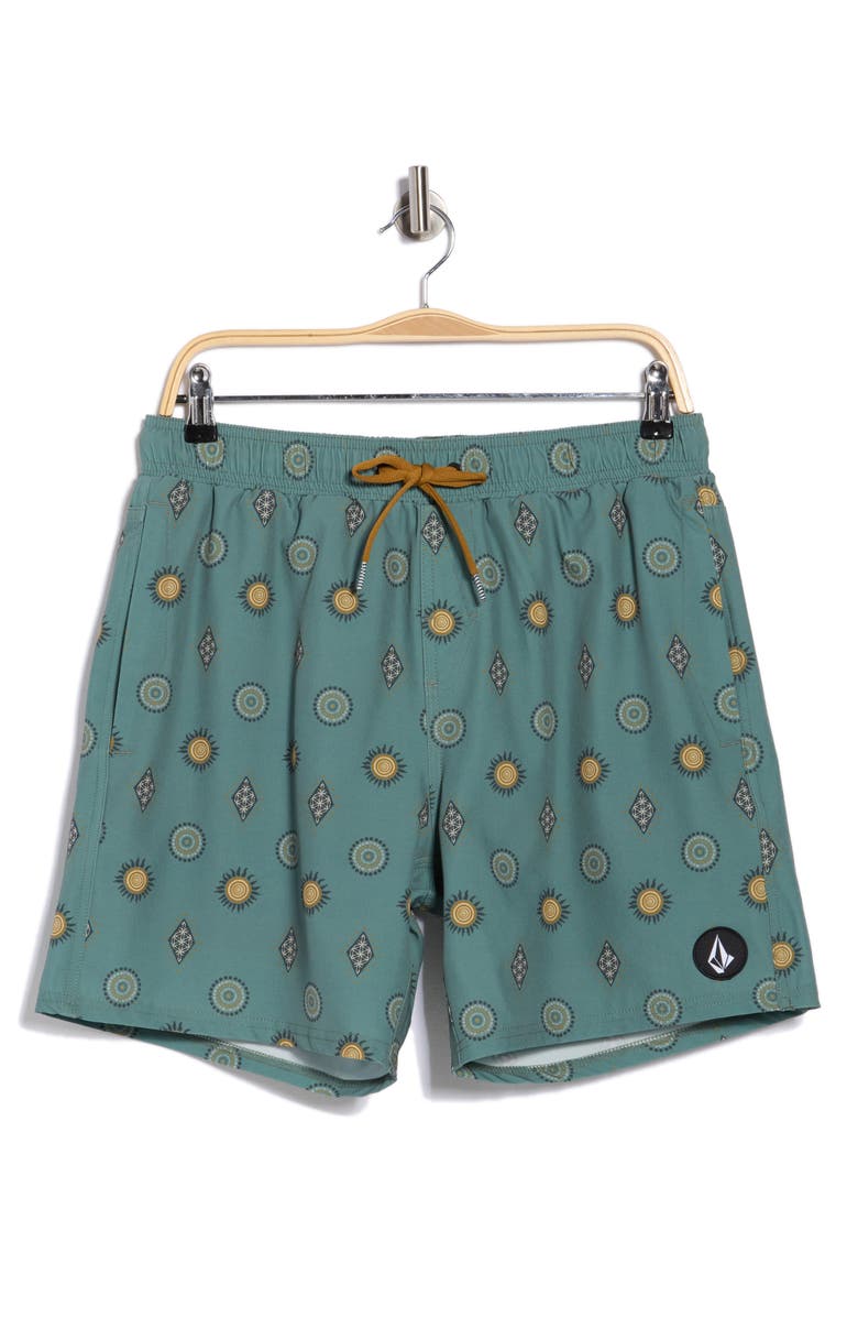 Volcom Manic Print Swim Trunks, Alternate, color, Light Olive