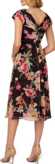 Adrianna Papell Floral Twist Front Chiffon Midi Dress