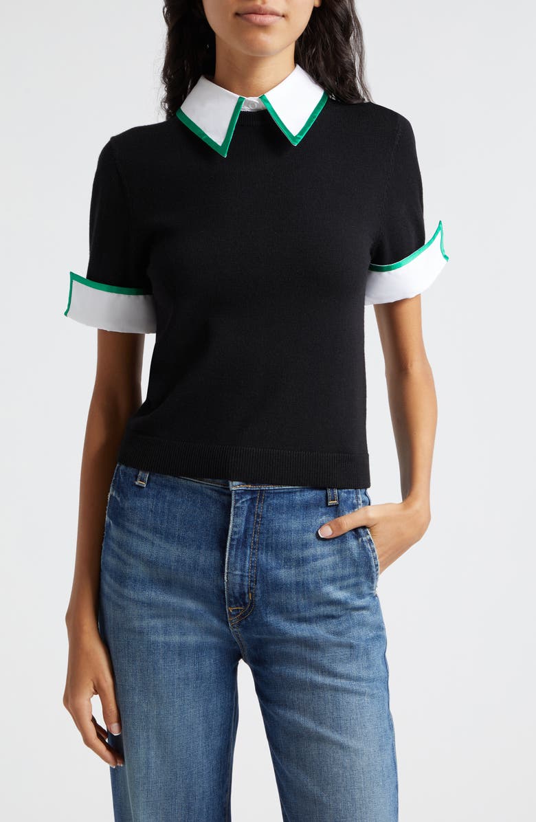 Alice + Olivia Short Sleeve Wool Sweater with Detachable Collar & Cuffs, Main, color,