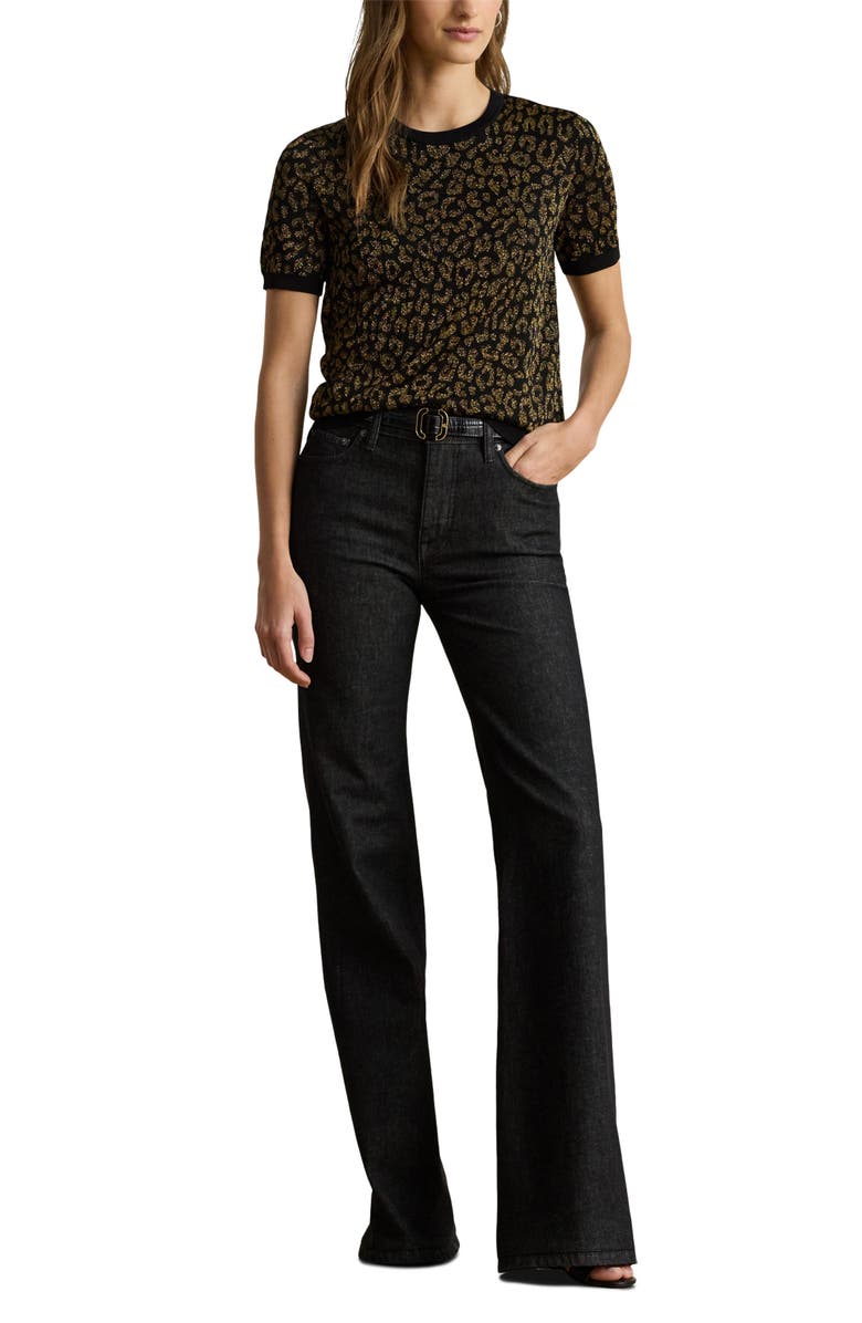 Lauren Ralph Lauren Metallic Leopard Jaquard Sweater, Alternate, color, Black/ Relic Gold Metallic