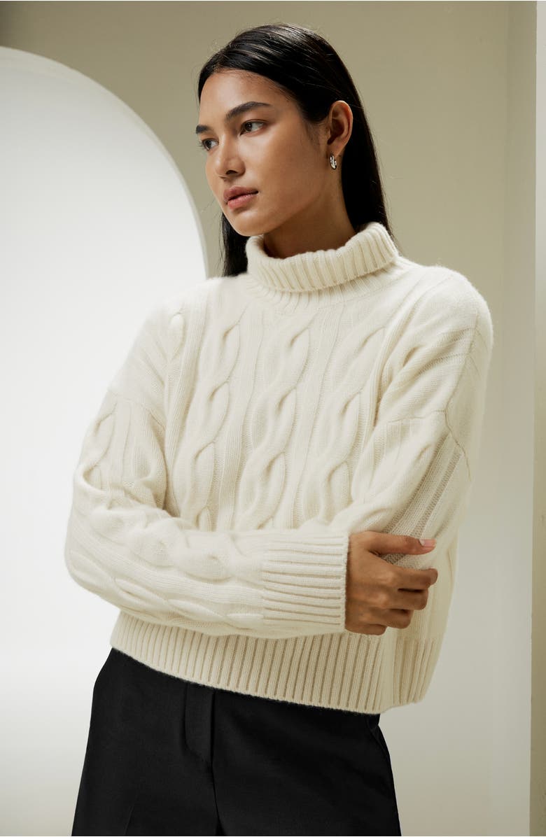 Lilysilk Cable Knit Cashmere Turtleneck Sweater, Alternate, color, White