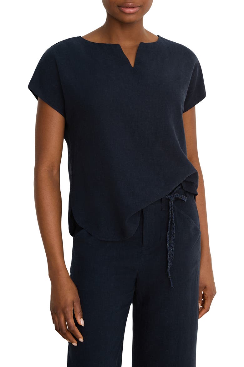 Rumba Linen Blend Split Neck Top, Main, color, DARK INDIGO