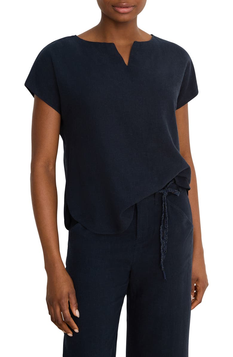 NIC+ZOE Rumba Linen Blend Split Neck Top, Main, color, Dark Indigo