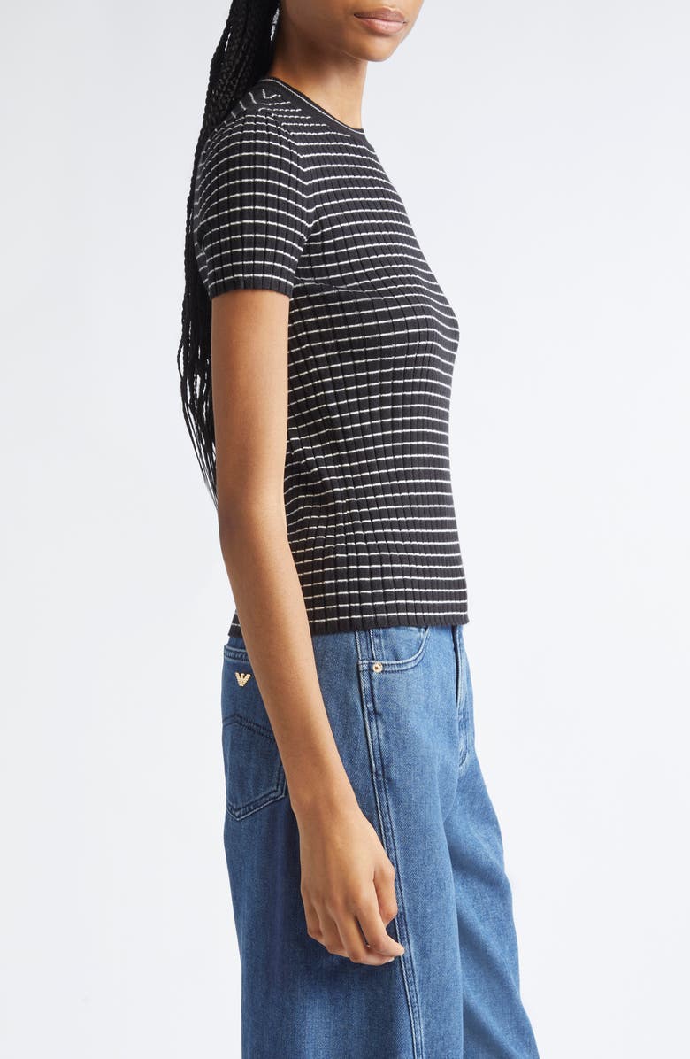 Emporio Armani Stripe Rib Crewneck Top, Alternate, color, Solid Black