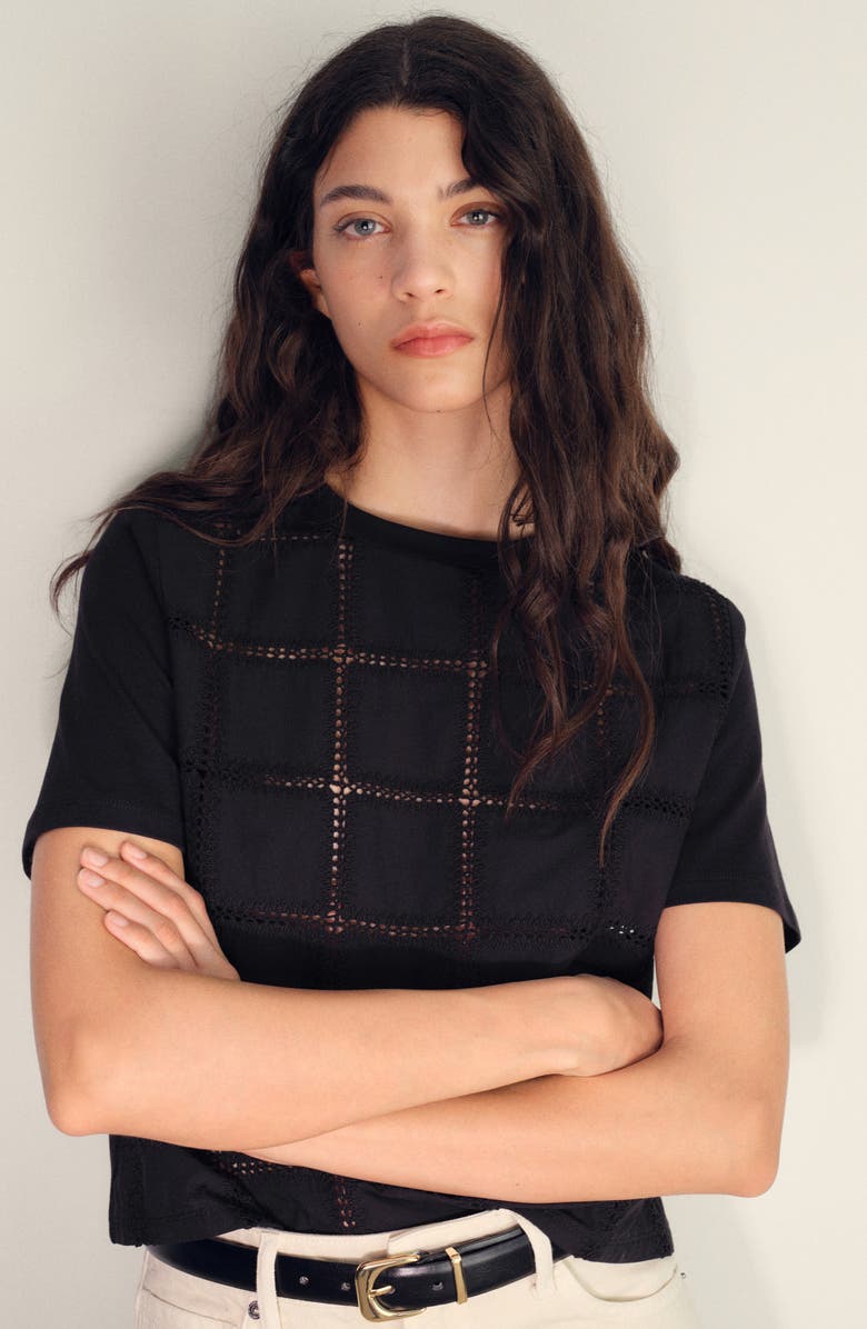 MANGO Embroidered Cotton T-Shirt, Alternate, color, Black