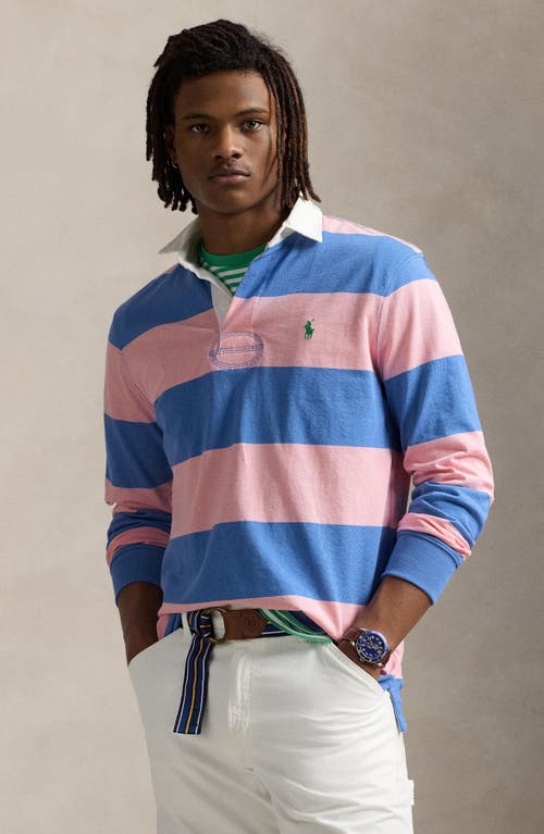 Polo Ralph Lauren Mens Rugby Striped Cotton-jersey Polo Shirt Pink Xxl In Garden Pink/new England Blue