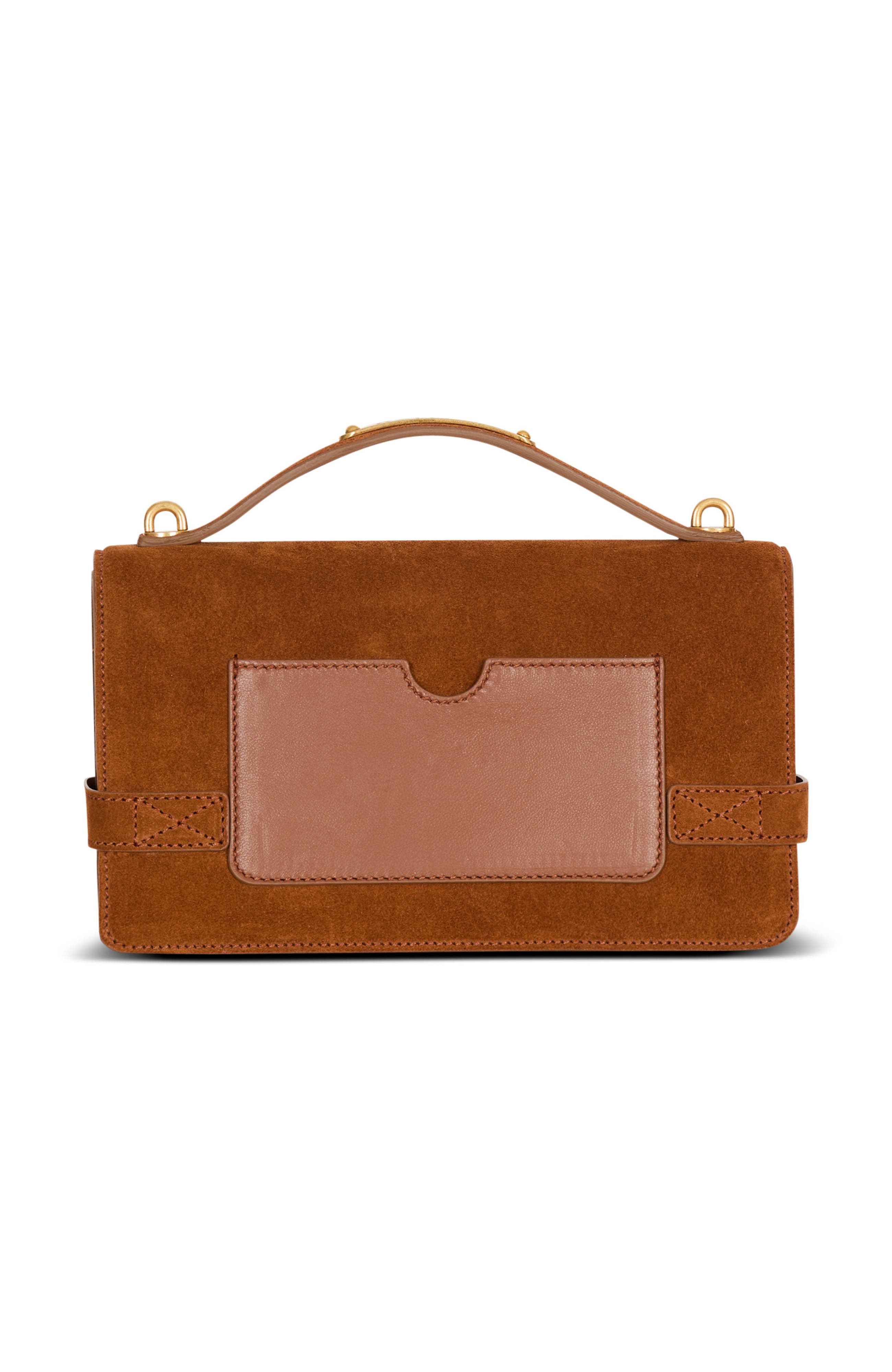 Balmain Suede B-Buzz Shoulder 24 bag, Alternate, color, Brown