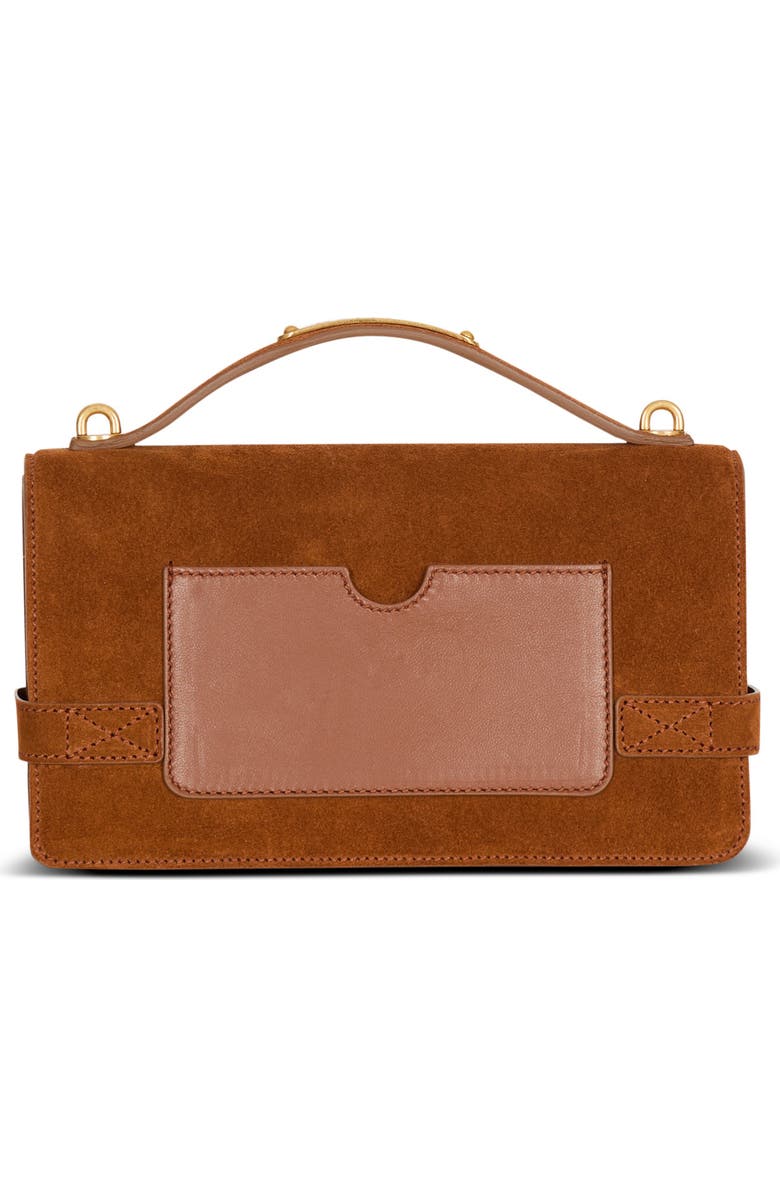 Balmain Suede B-Buzz Shoulder 24 bag, Alternate, color, Brown