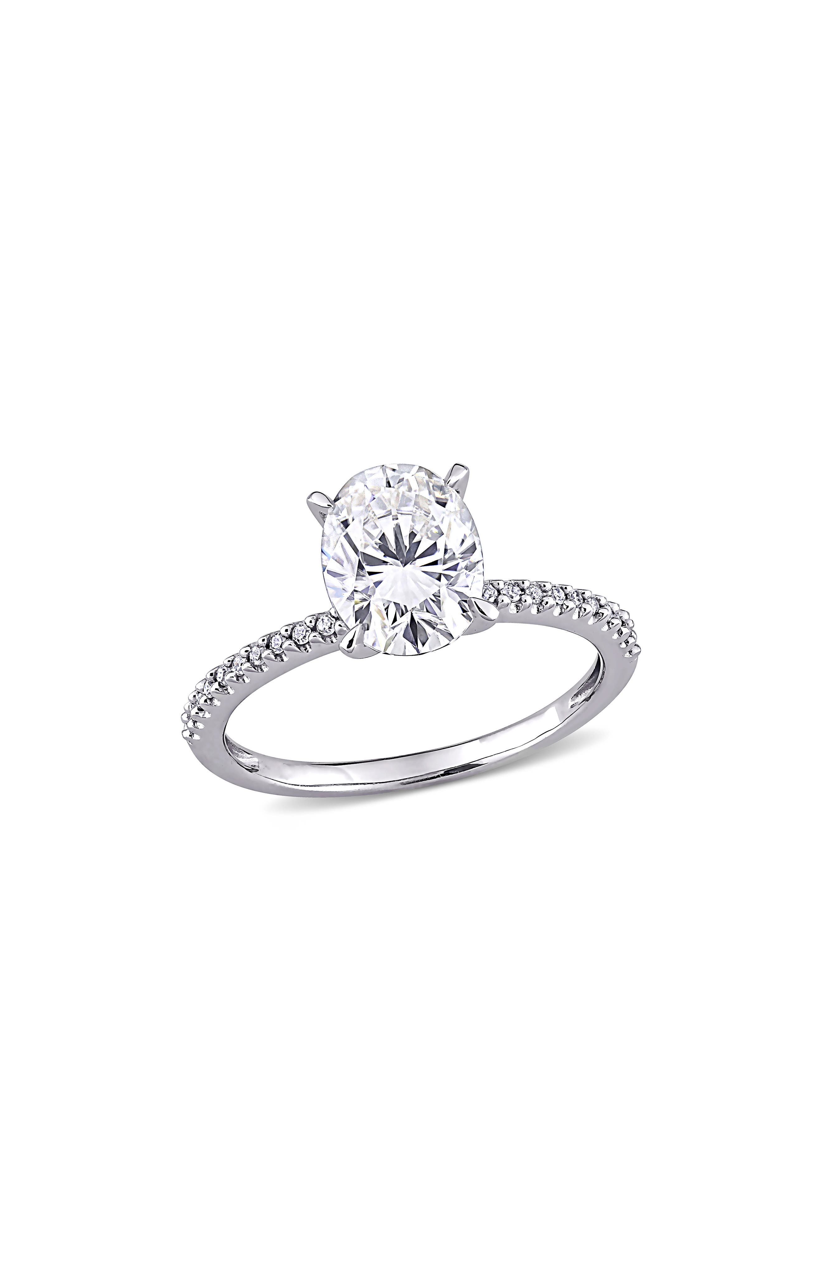 DELMAR 14K White Gold Oval Lab Created Moissanite & Diamond Ring - 0.11ct.