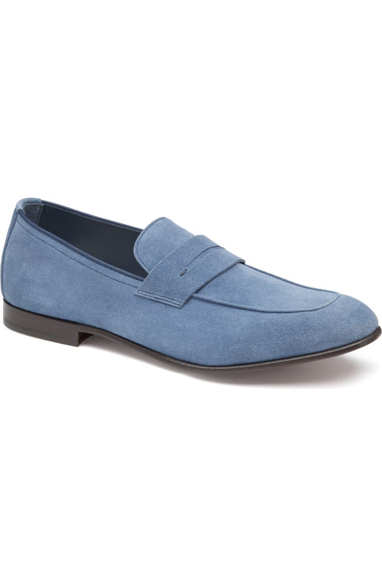Johnston & Murphy Taylor Moc Toe Penny Loafer, Main, color, Denim Italian Suede
