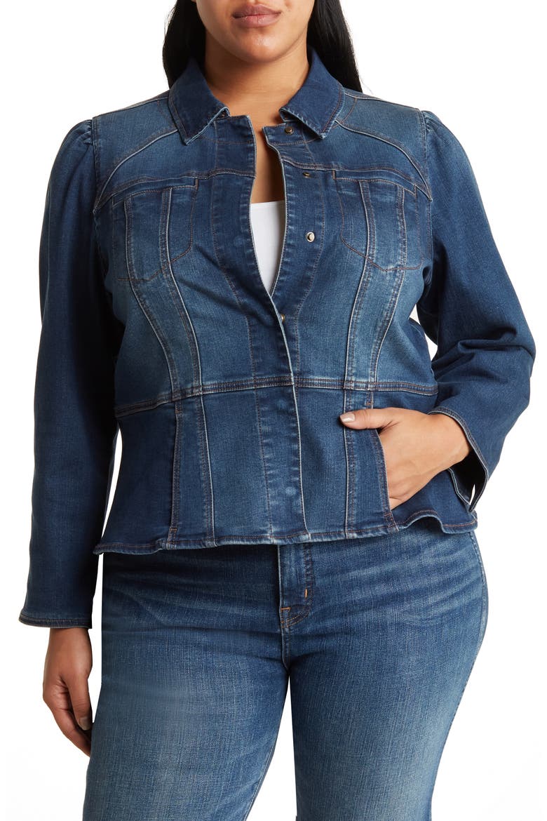 Peplum Denim Jacket, Alternate, color, BLUE