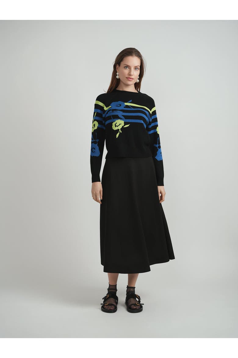 Ladies Striped Knit Pullover Sweater with Floral Print, Alternate, color, Black