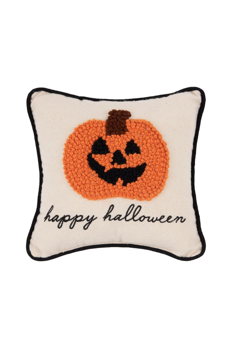 Jack O' Lantern "Happy Halloween" 8" x 8" Petite Accent Pillow, Main, color, Beige