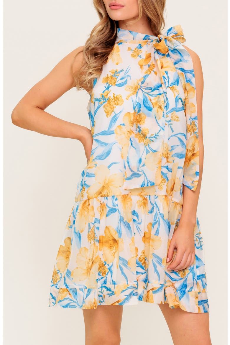 Floral Tie Neck Sleeveless Trapeze Dress, Alternate, color, BLUE/ IVORY
