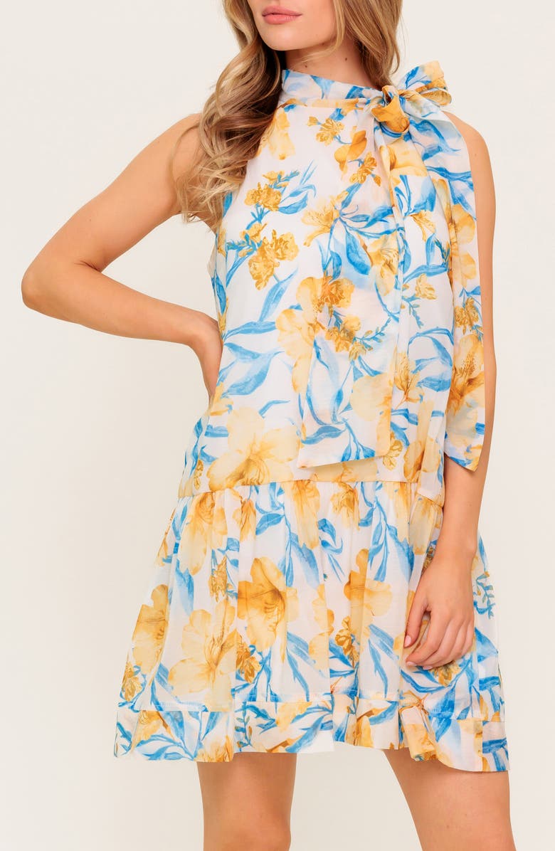 FLYING TOMATO Floral Tie Neck Sleeveless Trapeze Dress, Alternate, color, Blue/ Ivory