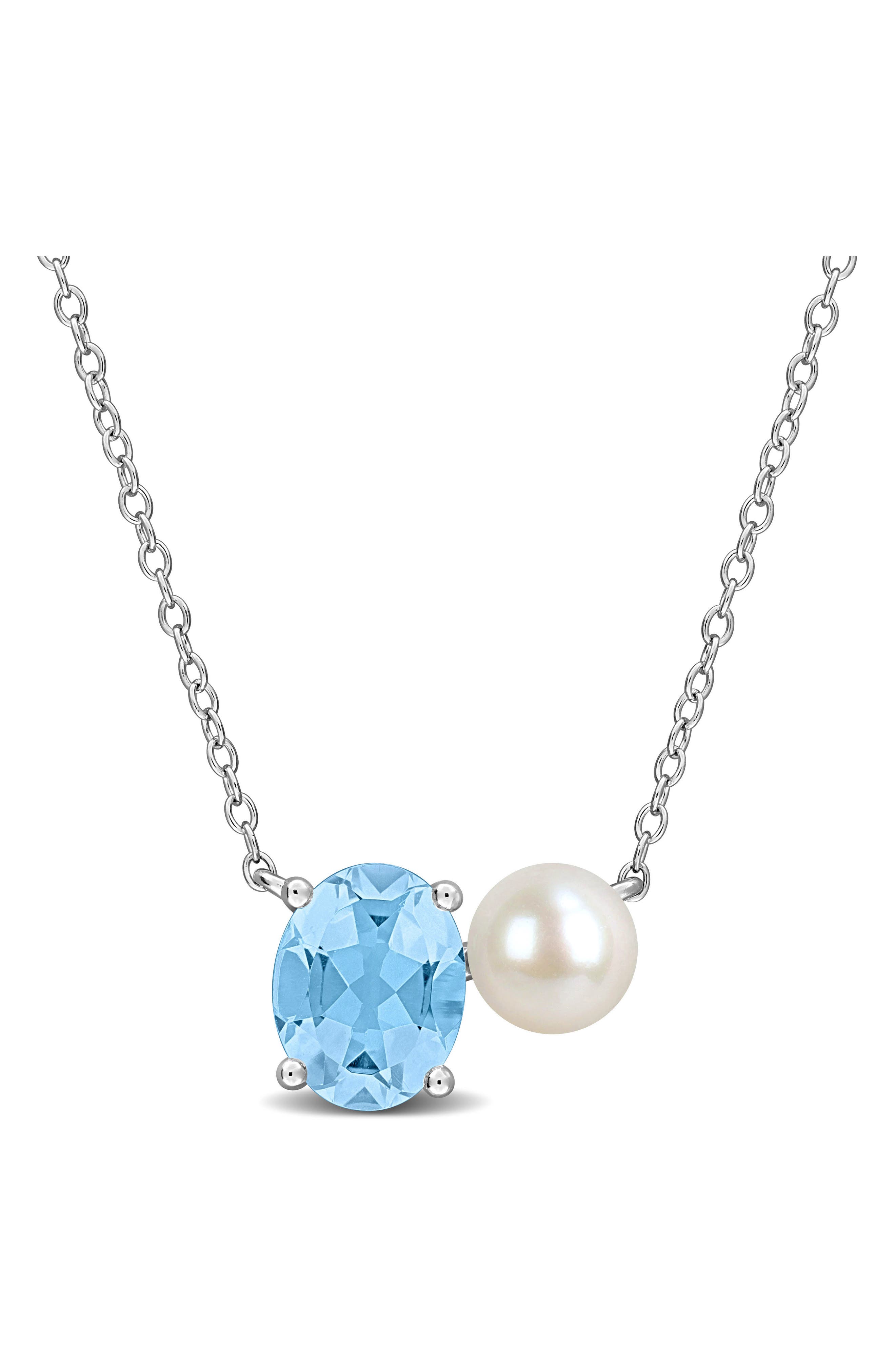 DELMAR 6-6.5mm Cultured Freshwater Pearl & Blue Topaz Pendant Necklace - 2.25ct.