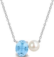 DELMAR 6-6.5mm Cultured Freshwater Pearl & Blue Topaz Pendant Necklace - 2.25ct.