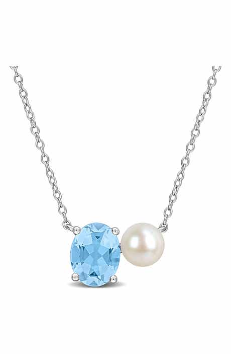 DELMAR 6-6.5mm Cultured Freshwater Pearl & Blue Topaz Pendant Necklace - 2.25ct.