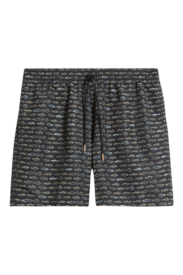 Danio Fish Print Swim Trunks, Alternate, color, BLACK