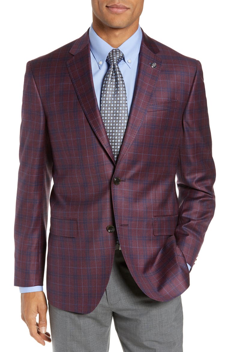Jay Trim Fit Plaid Wool Sport Coat, Main, color, BERRY