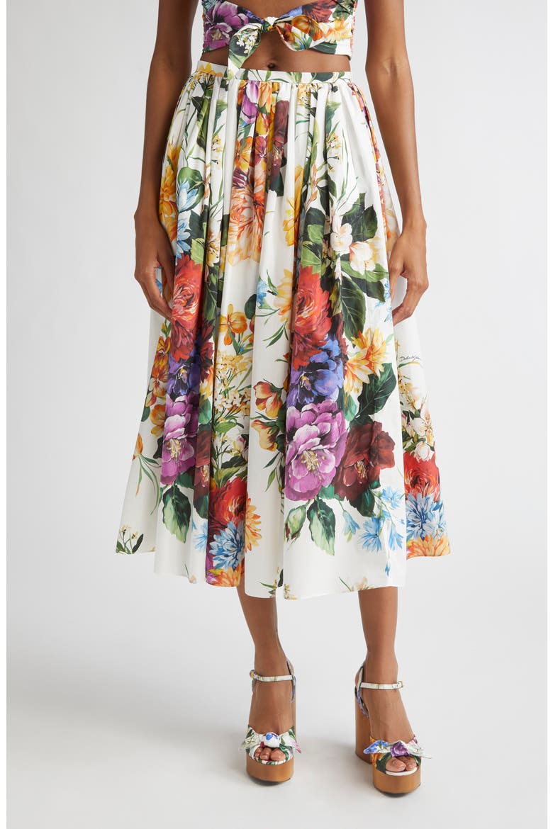 Floral Print Pleated Cotton Poplin A-Line Midi Skirt, Main, color, HA5PC B.FIORI CRET. F.BCO